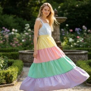 English Factory Pastel Tiered Maxi Dress — Blue, Yellow, Pink, Green, Purple